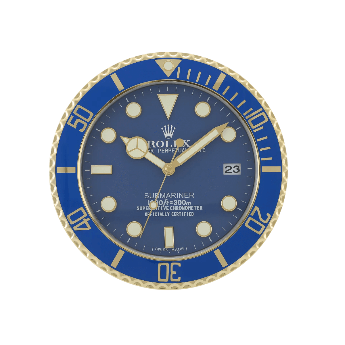 Horloge Murale de Luxe Bleu et Or - Inspirée de la Rolex Submariner - Passeport Cases